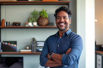 Naklejka premium Smiling man in blue shirt standing in front of desk