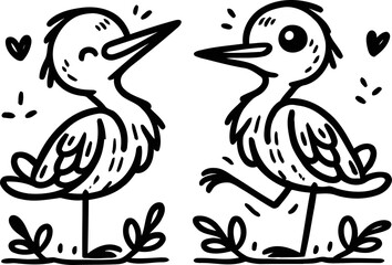 Crane, heron bird in cute animal doodle cartoon, children mascot drawing, outline,