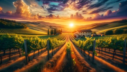 a picturesque summer vineyard at sunset, with rows of grapevines under the golden light, a rustic farmhouse, and gentle hills against a colorful sky. generative AI