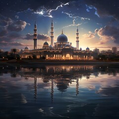 Naklejka premium mosque near water, reflecting both its architectural splendor and the glow of the moon