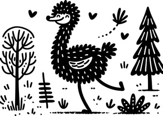 emu bird in cute animal doodle cartoon, children mascot drawing, outline,