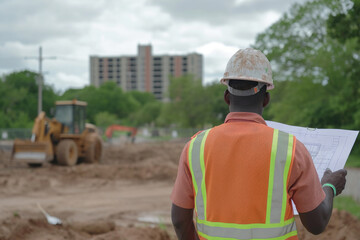 Construction worker holding blueprint in front of construction site