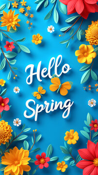 Fototapeta Lettering spring season with plants, leaves and colorful flowers. Hello spring, 1 march concept. Template for greeting card, invitation, banner, poster