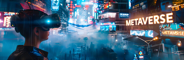 Naklejka premium Metaverse futuristic digital cyber world technology. Augmented reality game and entertainment.