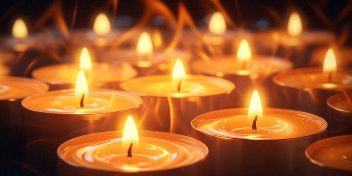 Group of lit candles sitting on top of table