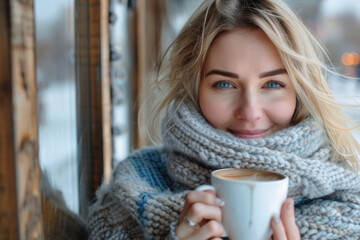 Woman holding cup of coffee in front of window, suitable for cozy home or coffee shop concepts