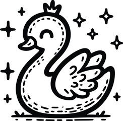 duck, swan, bird in cute animal doodle cartoon, children mascot drawing, outline, 