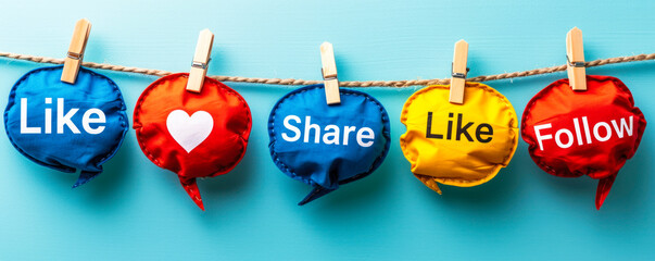 Engagement concept with Like, Share, Follow speech bubbles pinned on a string against a soft blue background, representing social media interaction and online community engagement - obrazy, fototapety, plakaty