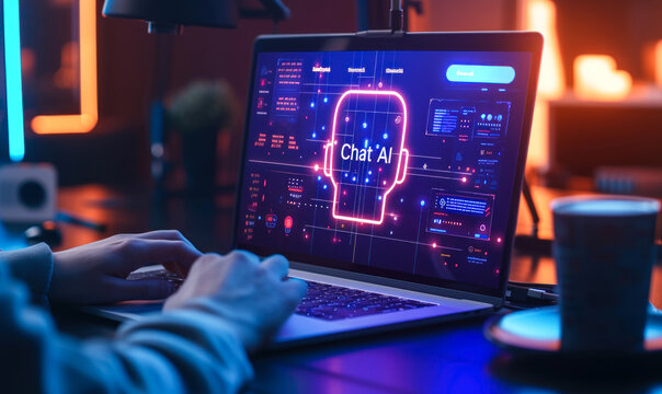 Modern artificial intelligence concept with user interacting with Chat AI interface on laptop screen in a dark workspace, depicting futuristic technology