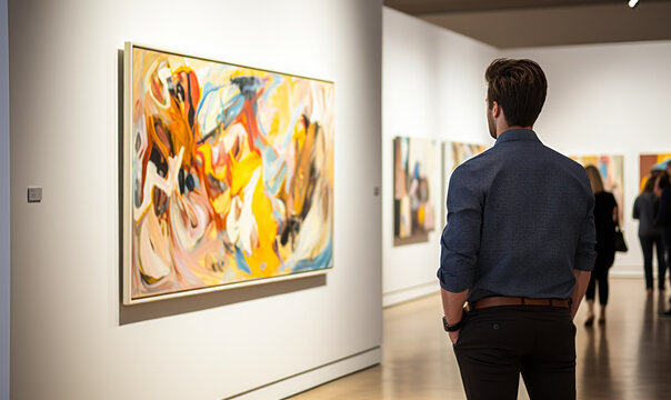 Contemplative Man Viewing Abstract Artwork in Gallery, Engaging with Modern Painting at Art Exhibition, Cultural Appreciation