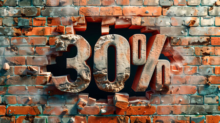 30% discount breaking through brick wall, sale concept wallpaper.
