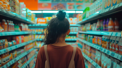 Woman shopping in grocery store aisle, consumer choice, supermarket shelves. - obrazy, fototapety, plakaty