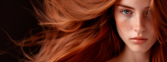 Redhead with flowing hair, beauty and haircare concept with copy space.