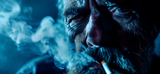 Close-up of a bearded man smoking a cigarette. - obrazy, fototapety, plakaty