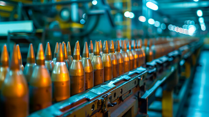Ammunition production line with rows of bullets artillery grenades, precision engineering, defense industry. - obrazy, fototapety, plakaty