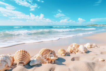 Fototapeta na wymiar Close-up seashells and scenic seascape view on sandy beach with beautiful ocean scenery