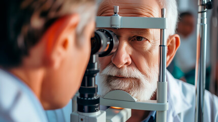 Senior man at optometrist for eye examination.