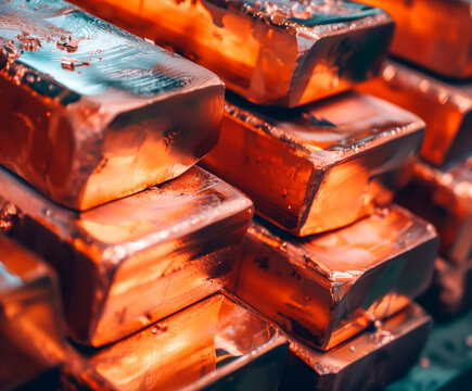Refined Copper ingots stack, industrial metal commodity.