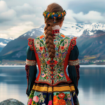 Traditional Norwegian bunad with fjord backdrop.