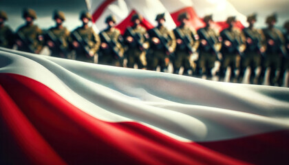 Polish flag close-up with a blurred Polish military unit in the background - obrazy, fototapety, plakaty