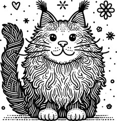 persian, ragdoll, maine coon cat in cute animal doodle cartoon, children mascot drawing, outline, 