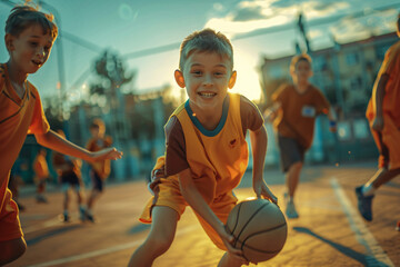 Young boy in action playing basketball on an outdoor court at sunset. Dynamic sports photography with a warm summer glow. Childhood sports concept. Design for poster, banner and sports event promotion - Powered by Adobe