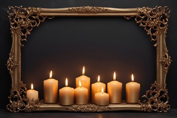 mokcup Vintage golden frame with burning candles on dark background with copy space