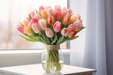 Bouquet of tulips in a vase on a white background. Postcard for Valentine's Day or March 8, Birthday, Anniversary, Wedding	
