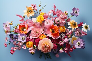 Bouquet of colorful flowers on a blue background, top view