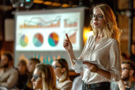the beauty businesswoman giving presentation and pointing at projection screen have pie and bar charts