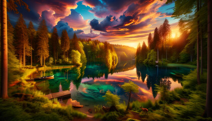 Serene Lake Landscape with Lush Forests and Vibrant Sunset, Generative AI