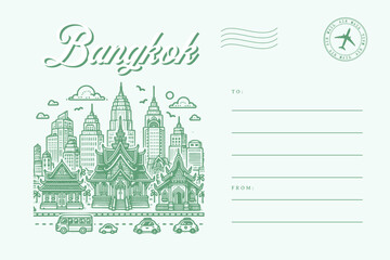 bangkok thailand landscape building city post card template letter text with stamp illustration