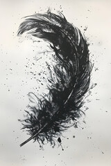 a black feather, charcoal, hauntingly beautiful, watercolor, on white background 