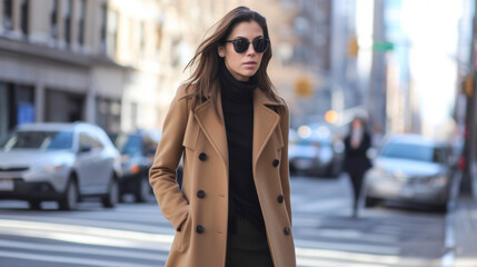 Obraz premium A minimalist camel coat dd over a monochromatic outfit perfect for a cozy yet chic day of running errands in the bustling city.