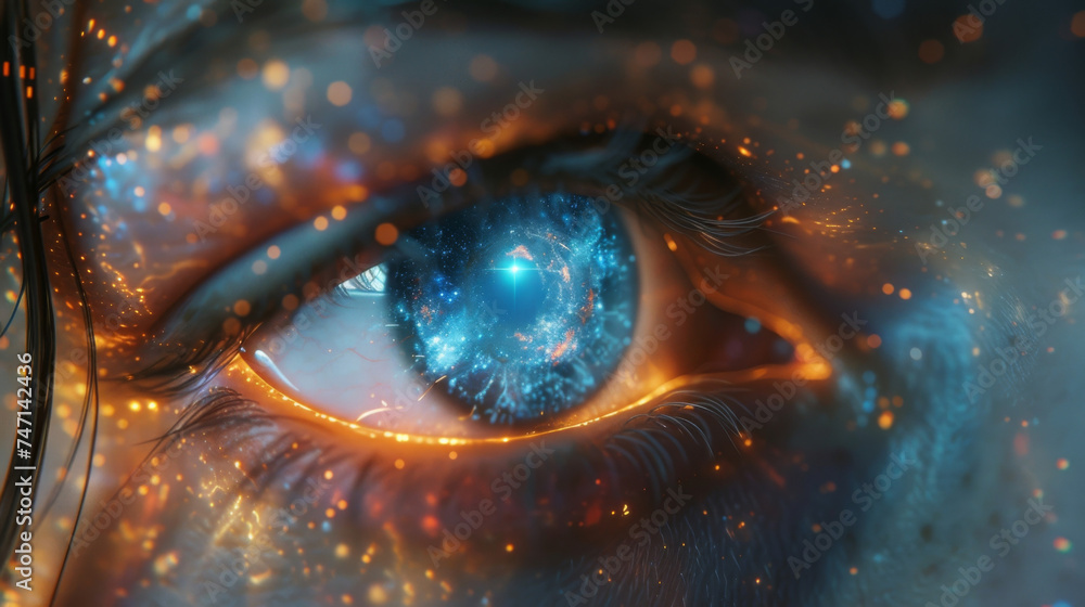 Poster against a backdrop of endless stars and galaxies a team of marketers use holographic projections to 