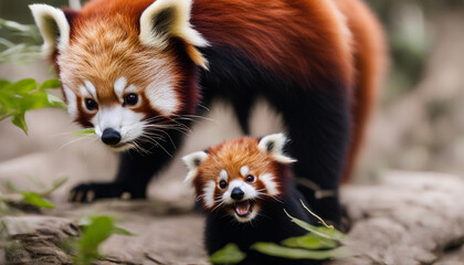 Obraz premium Photo of baby red panda with mom, wild photography
