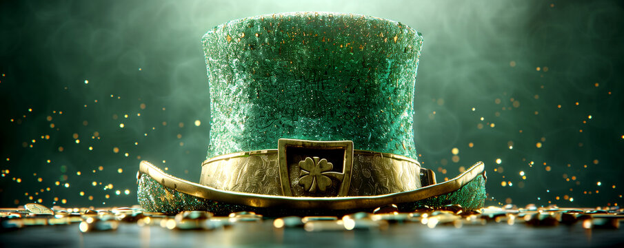 St. Patrick's Day Holiday Promotion Banner. A charming St. Patrick's Day setting featuring a traditional leprechaun hat with clovers on a glittery background