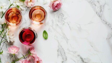 Various shades of rose wine. Flat lay of rose wine of different colors in glasses and spring flowers on marble background, top view.
