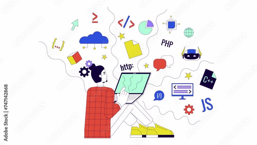 Poster computer network engineer line 2d animation. cyber security. female software developer 4k video moti