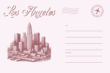 los angeles landscape building city post card template letter text with stamp illustration