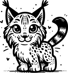 Obraz premium lynx, bobcat, caracal in cute animal doodle cartoon, children mascot drawing, outline, 