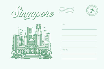 singapore landscape building city post card template letter text with stamp illustration