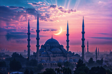 Scenic view of an mosque silhouetted against a vibrant sunrise sky