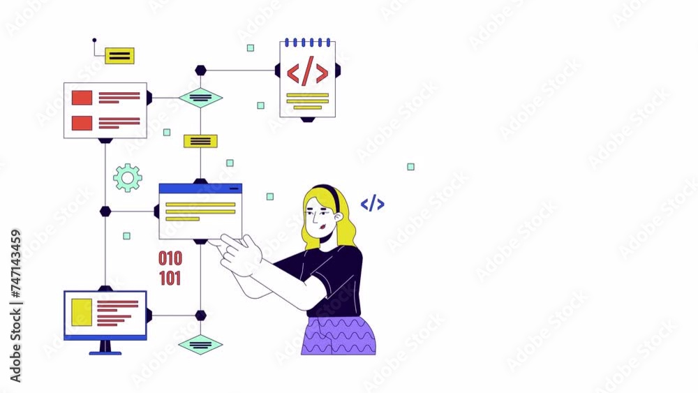 Poster computer network structure line 2d animation. software development trends 4k video motion graphic. b
