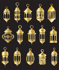Vector Ramadan arabian islamic lanterns golden shapes set isolated. Vintage lamps silhouettes. Arabesque eastern style clipart. © VctAn