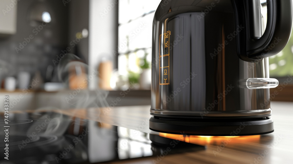 Poster a side view of an electric kettle showing the indicator lights that let you know when the water is b