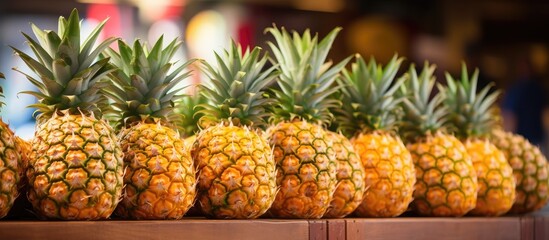 A row of juicy Resh pineapples sit on top of a table at a vibrant fruit market stall, welcoming visitors with the refreshing taste of exotic tropical fruit.
