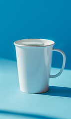 A perfect white cup on a serene blue background, captured in a vertical image, creating a pure and minimalist setting, ideal for showcasing a product or evoking a sense of simplicity