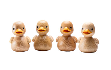 Group of Wooden Ducks Sitting Together. A group of wooden ducks are seen sitting next to each other in a row. The ducks are carved from wood and placed closely together, creating a decorative display.