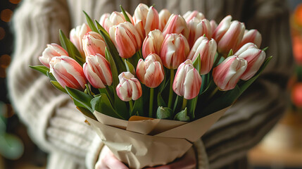 A bouquet of pink and white tulips in craft packaging in female hands.